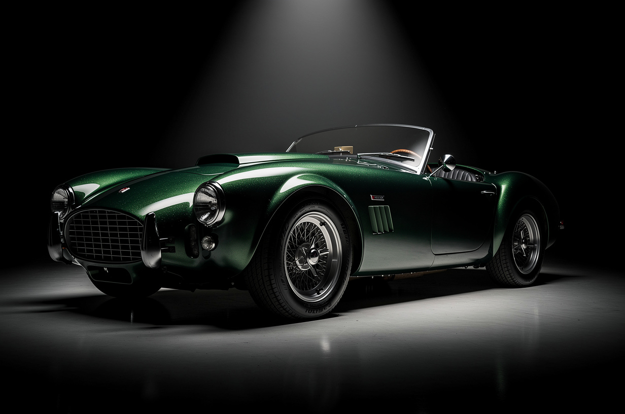 An image generated with FLUX 2 Pro — a classic green roadster under studio spotlights