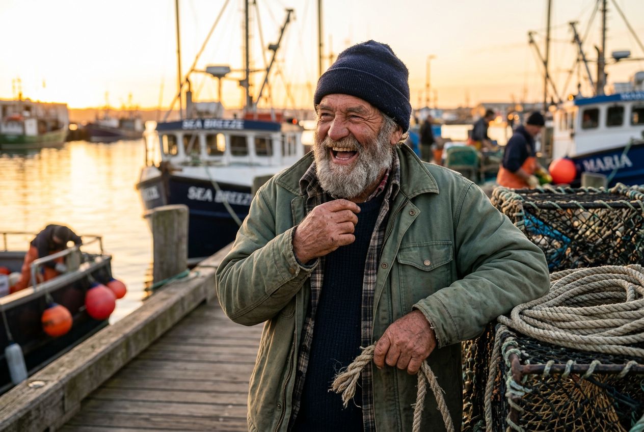 An image generated with Nano Banana 2 — a fisherman laughing on a harbor dock at golden hour